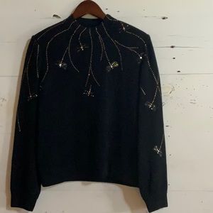 St. John Evening Black Santana knit Sweater w/ Crystal & Gold Dragonflies, small
